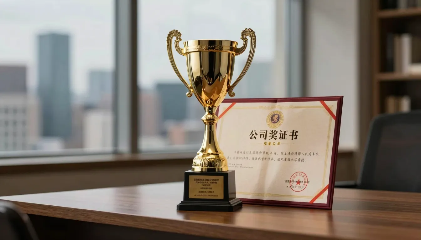 A golden trophy or a prestigious award certificate on a wood...