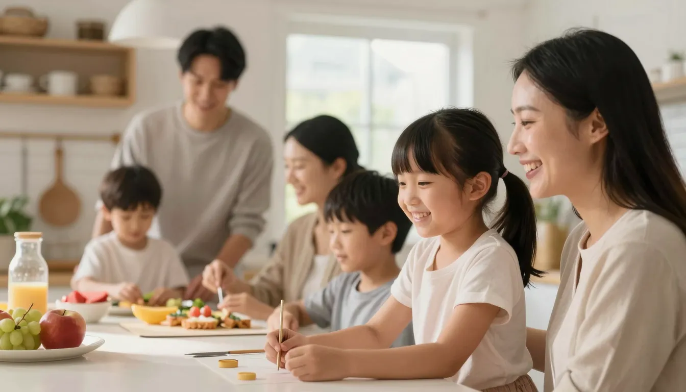 A happy large family in a cozy, bright kitchen, soft morning...