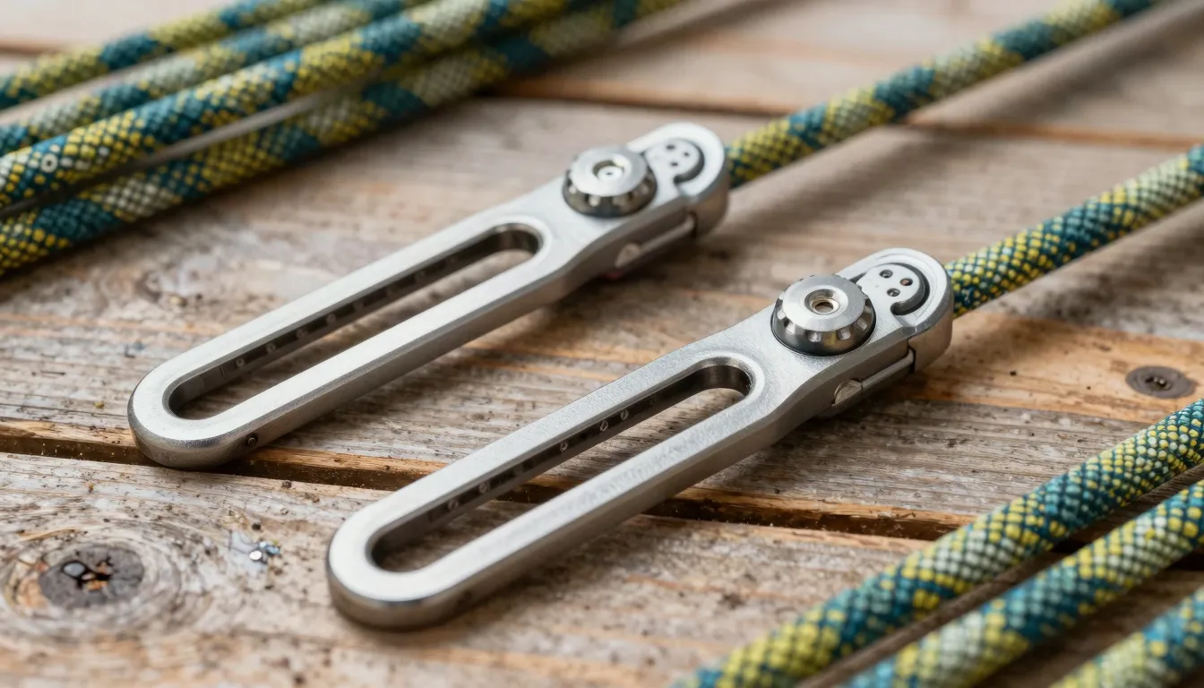 Close-up of professional climbing ropes and carbines on a wo...