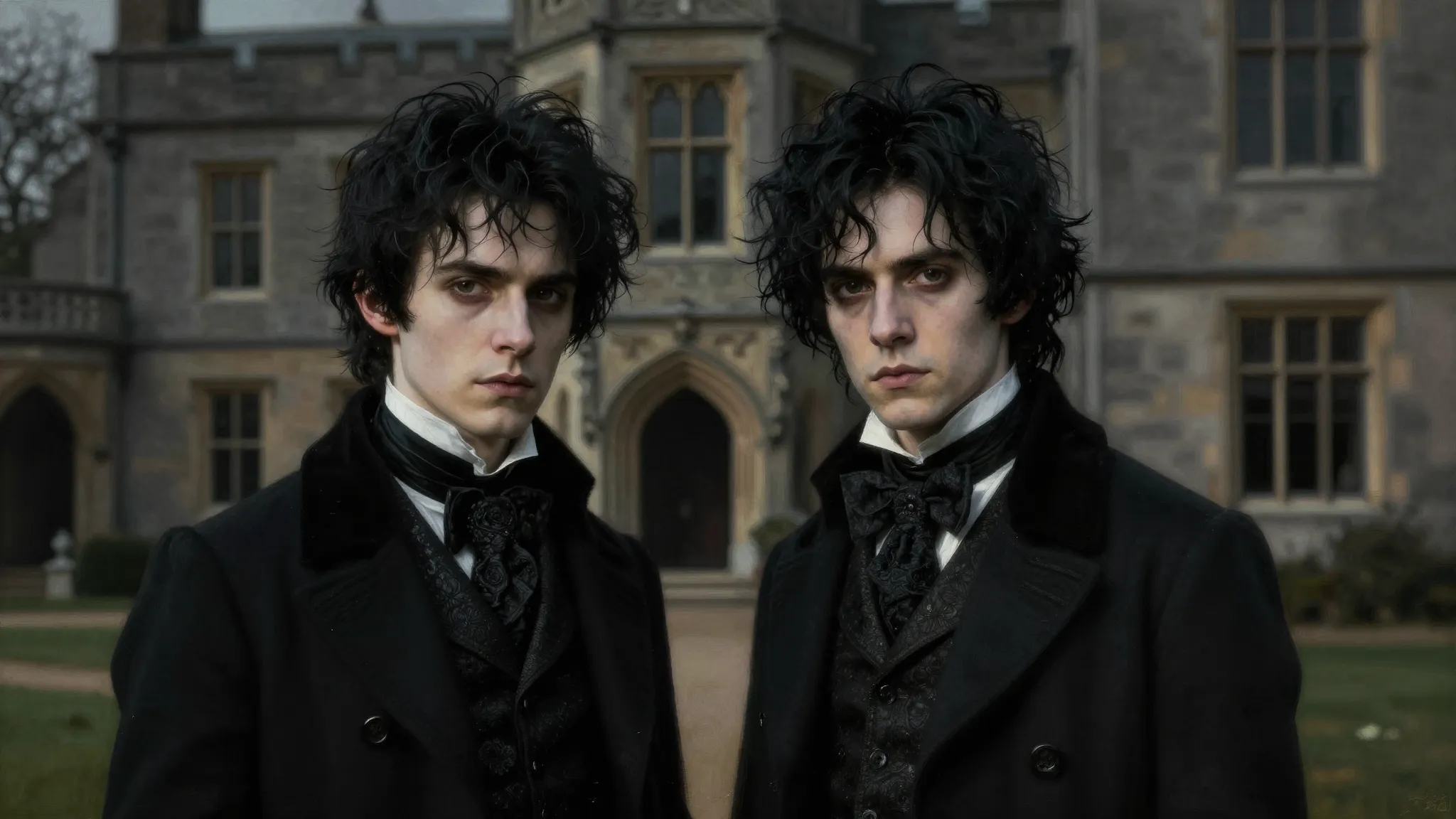 A dark, moody portrait of two twin brothers with sharp featu...