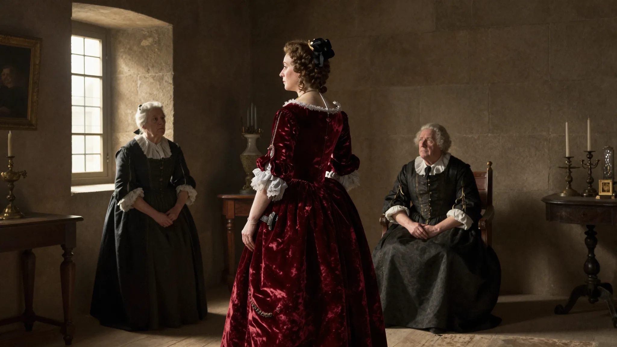 Cinematic shot, 17th century France, a noble countess in a r...