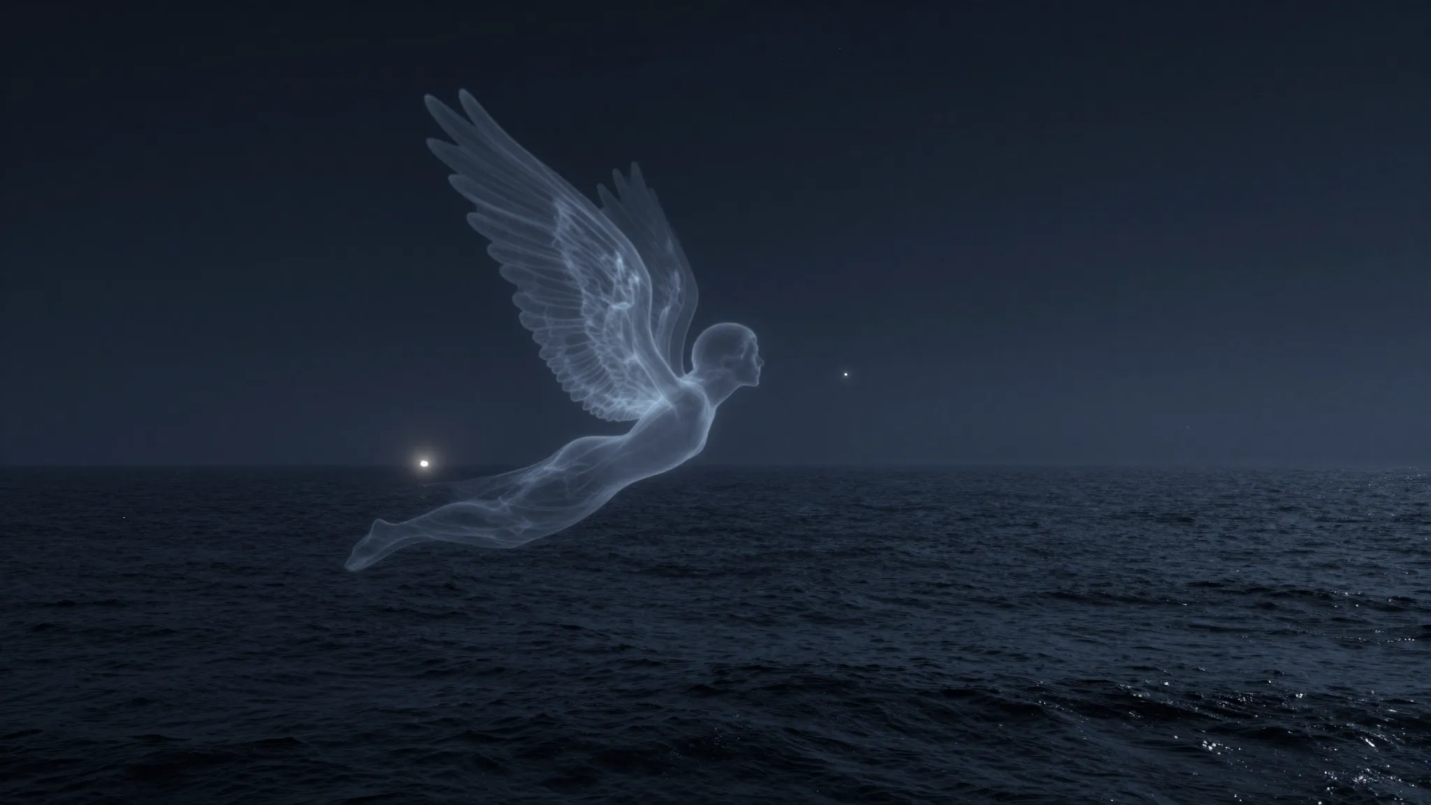 A melancholic and surreal night scene, a translucent silhoue...