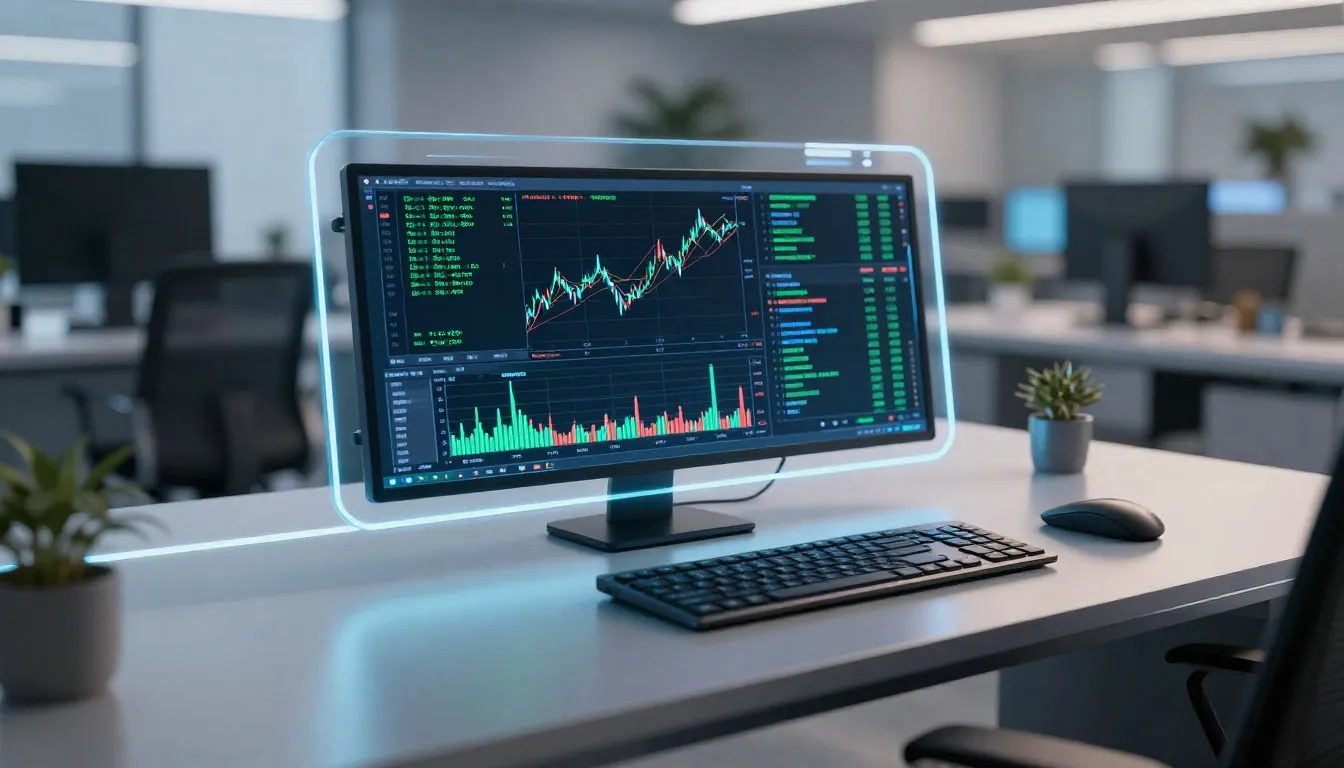 A futuristic office desk with a transparent screen showing f...