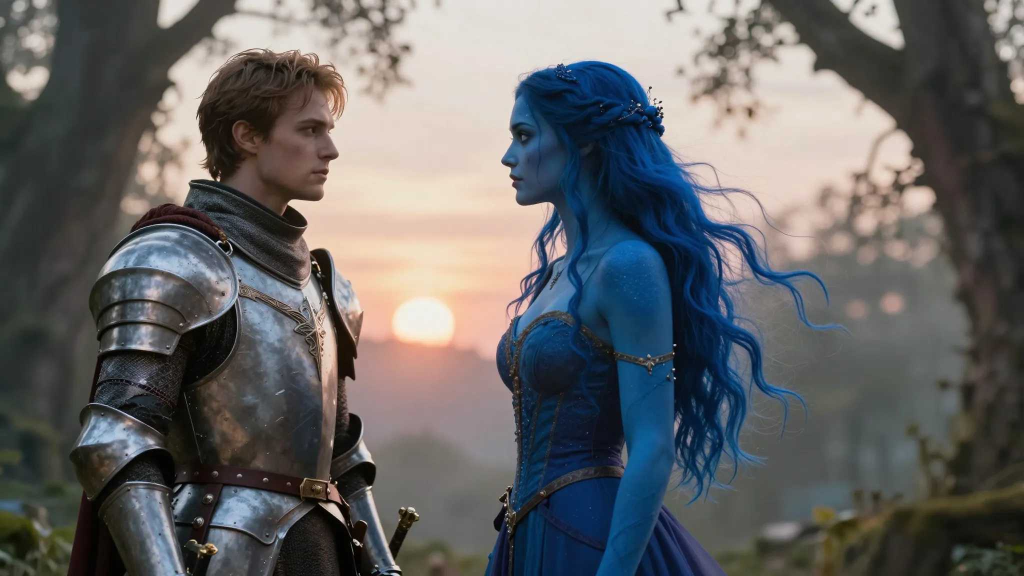 Cinematic romantic scene, a brave knight in shining armor an...