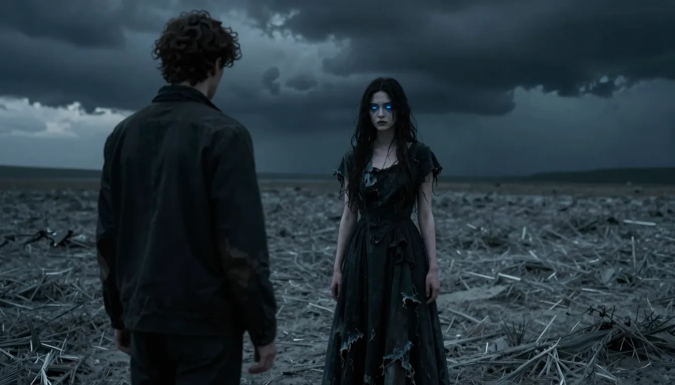 Cinematic shot of a mysterious woman in a tattered dark dres...