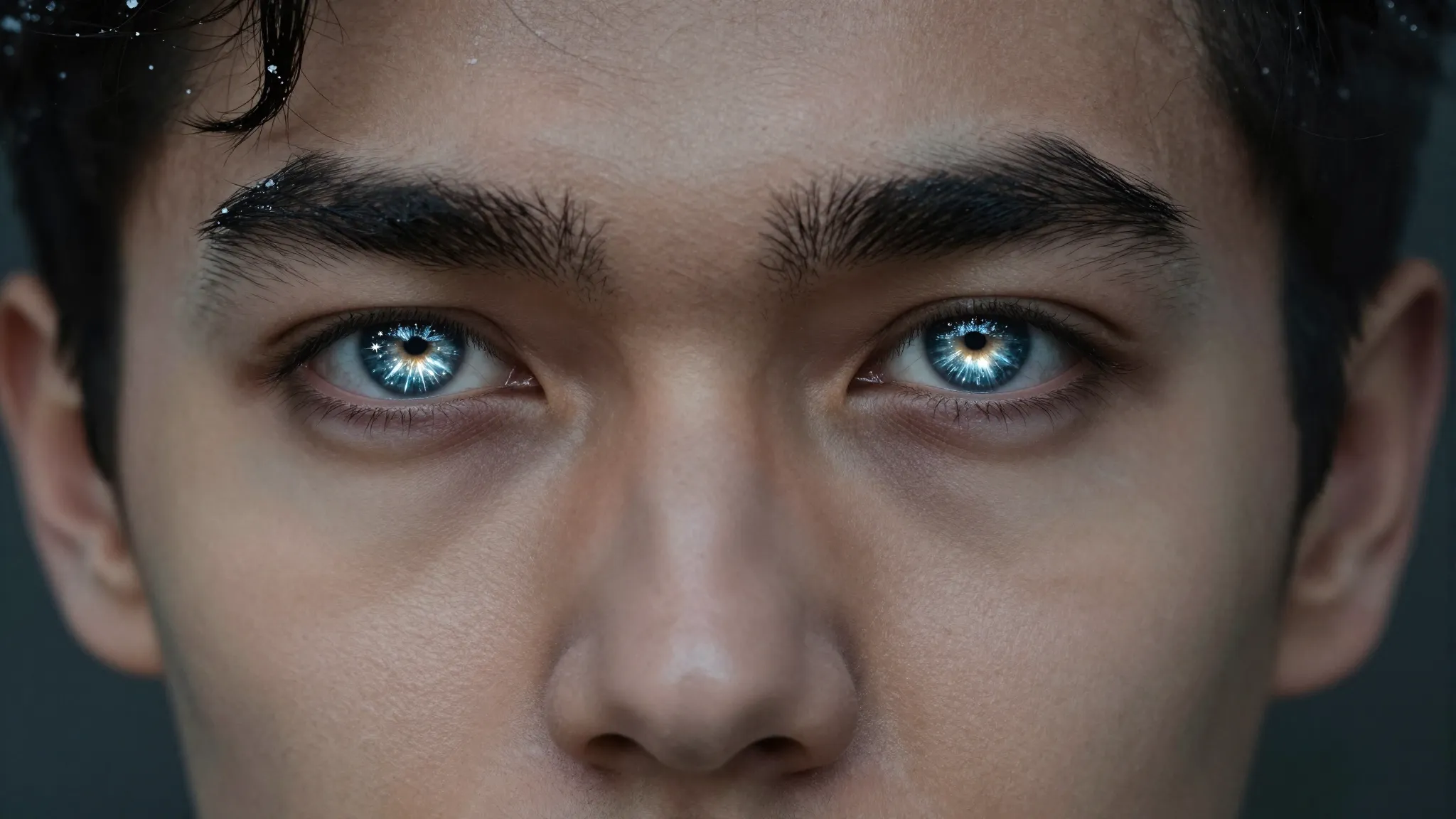 Close-up of an attractive Slavic man's face, his eyes glowin...