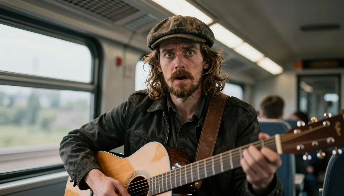 An artistic portrait of a modern urban bard in a train, wear...