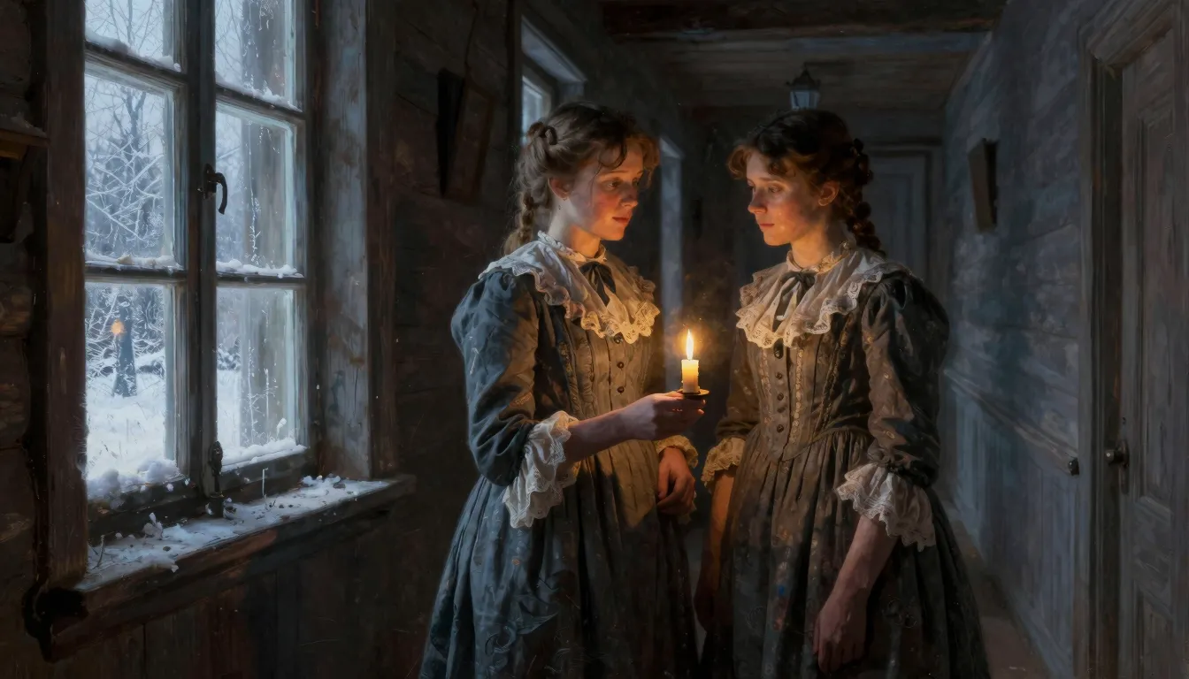1868 Russia, two sisters in long 19th-century dresses standi...