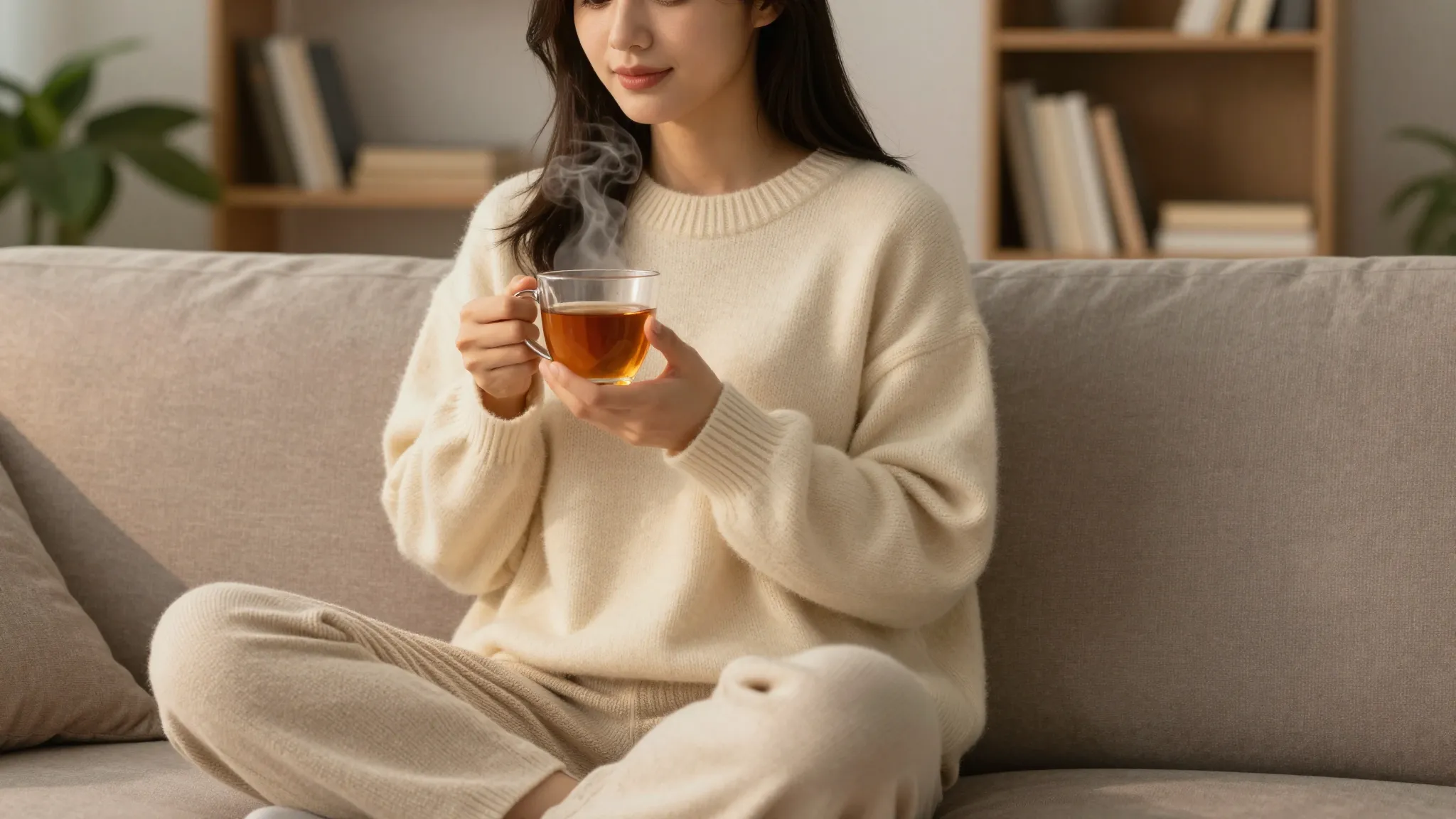 A young woman in cozy home clothes: soft oversized cream swe...