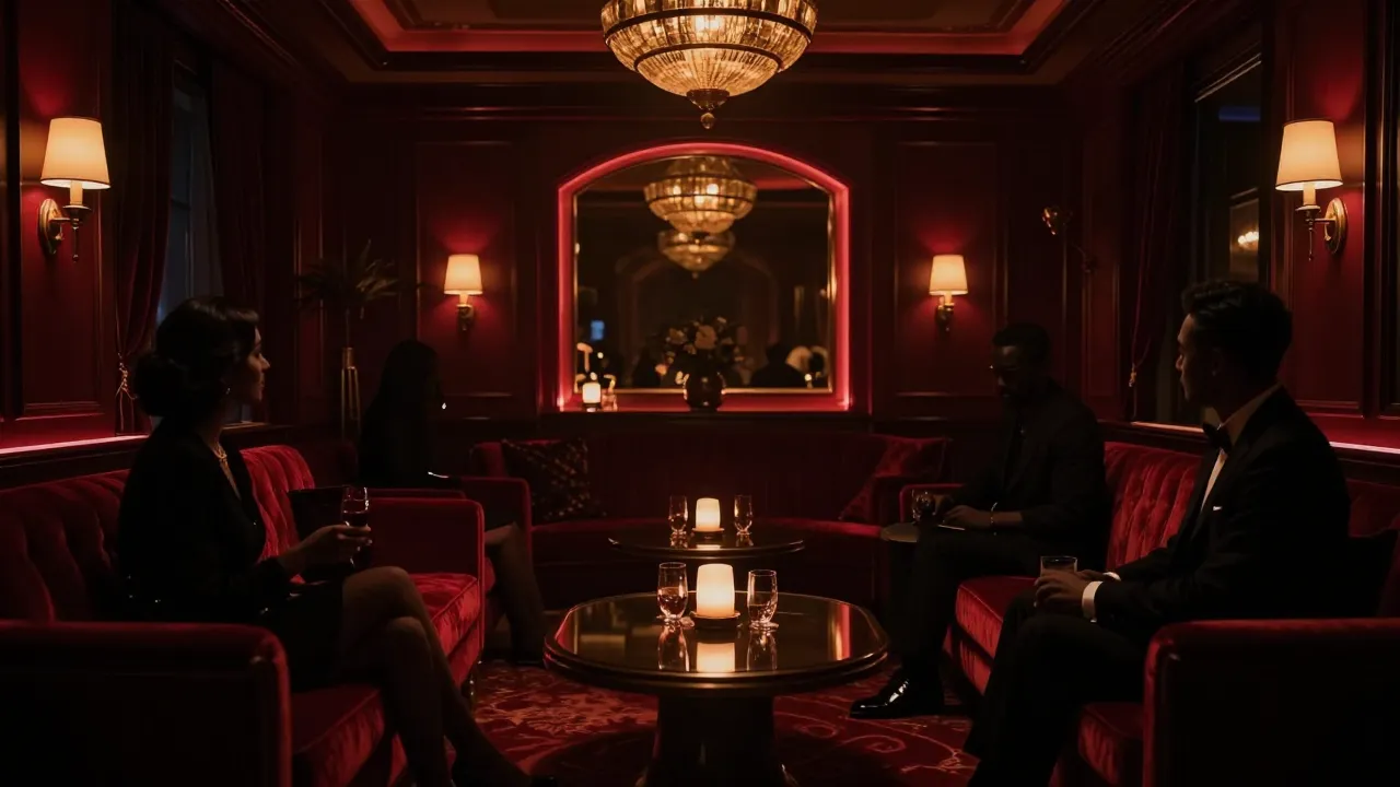 Cinematic shot of a luxurious dimly lit private lounge, silh...