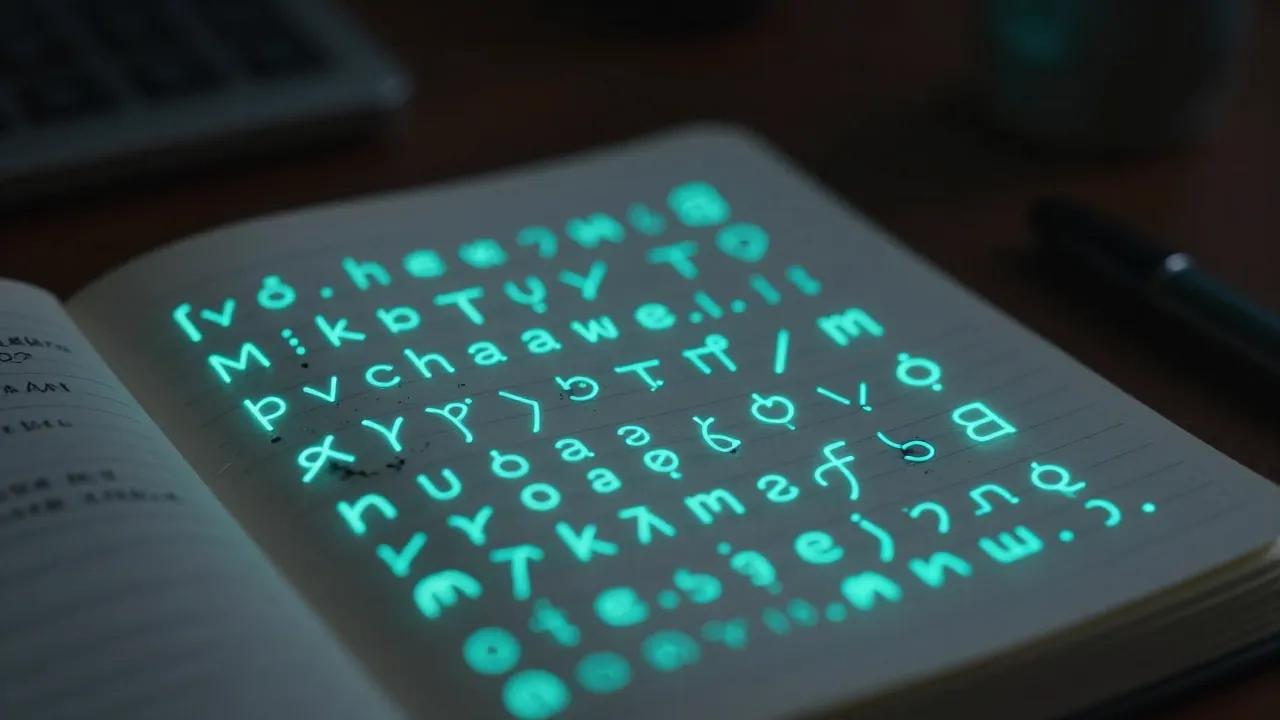 A cinematic shot of a diary page where the text morphs into ...