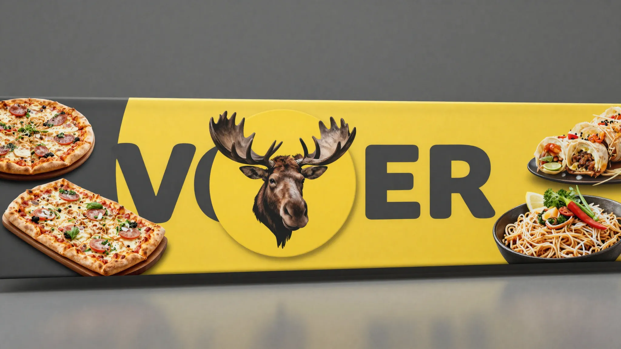 A wide horizontal banner design for 'VOKER' cafe. A yellow c...