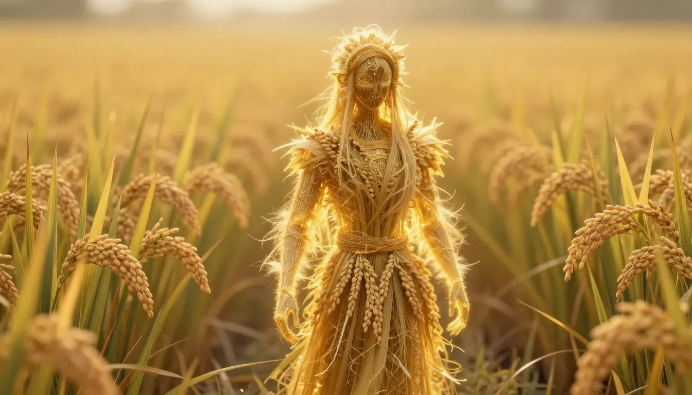 A mystical humanoid figure made entirely of golden rice stal...