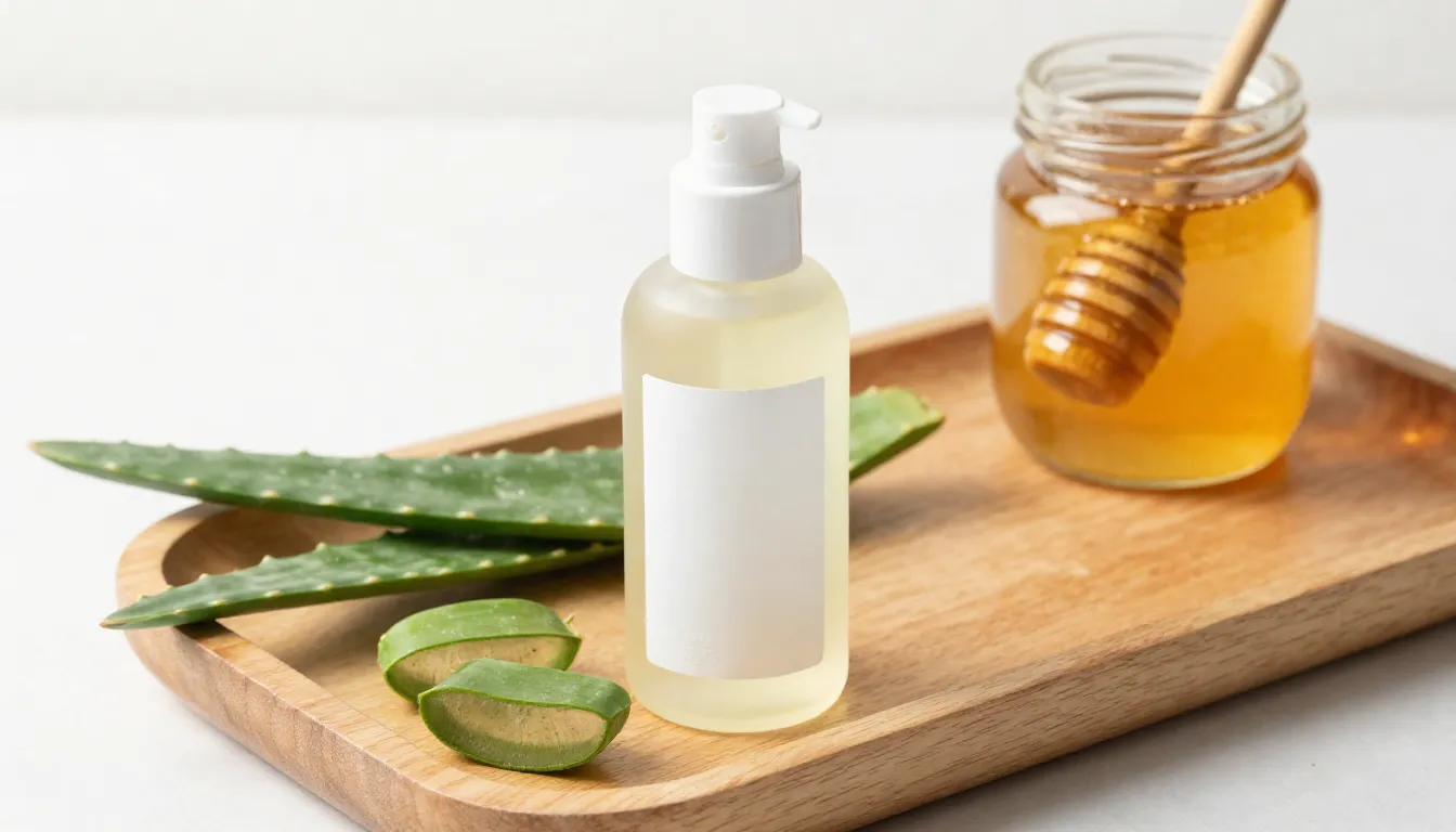 A minimalist and aesthetic photo of a bottle of aloe vera ge...