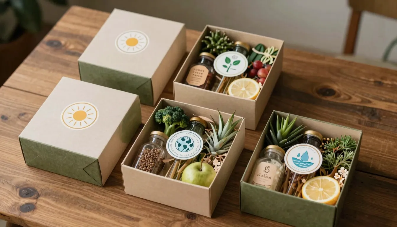 Four elegant gift boxes with a circular logo showing sun, ea...