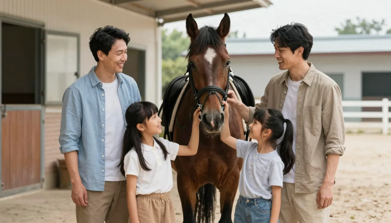 A happy family (parents and two children) smiling and intera...