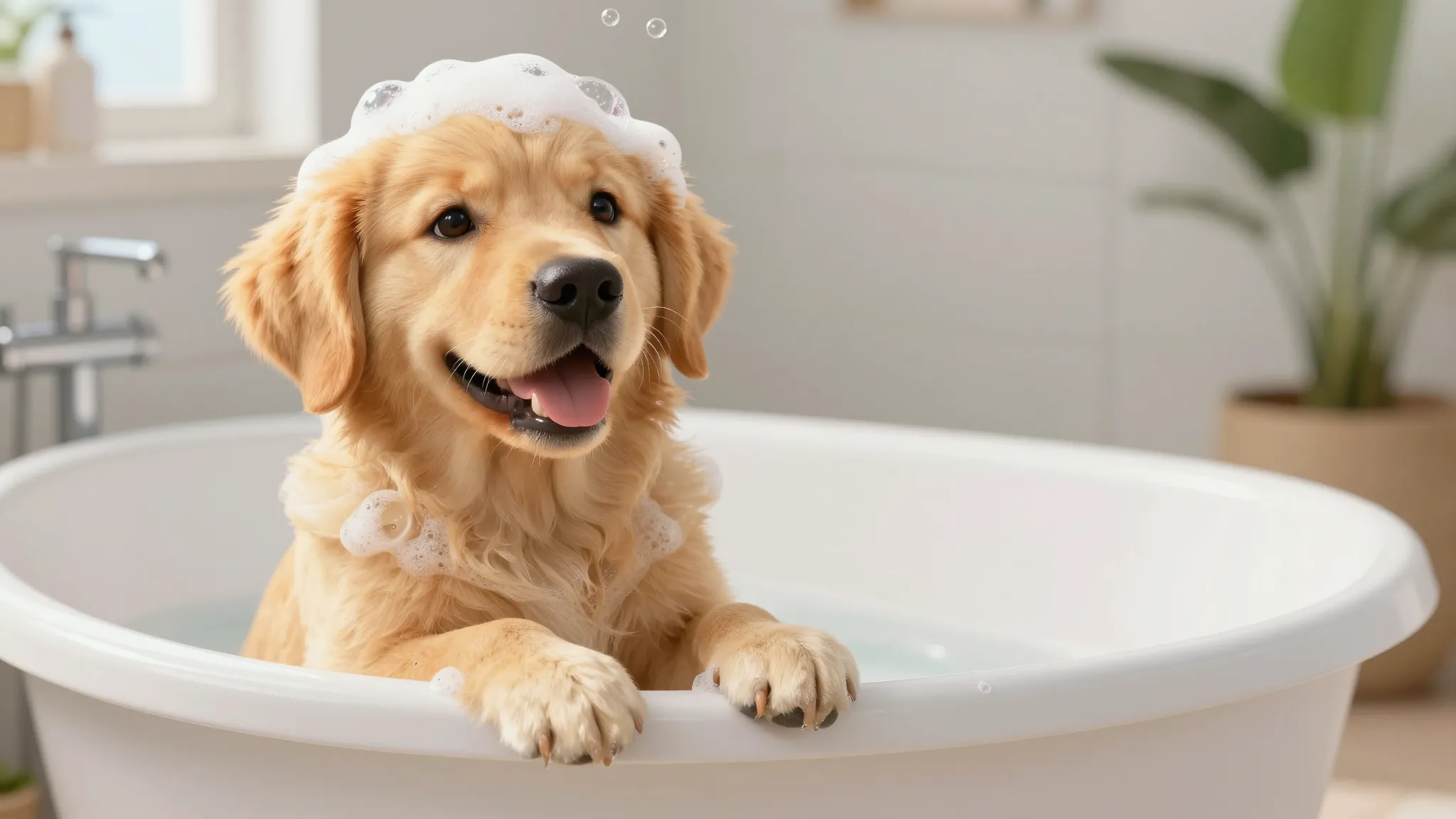 A cute happy golden retriever sitting in a white bathtub wit...