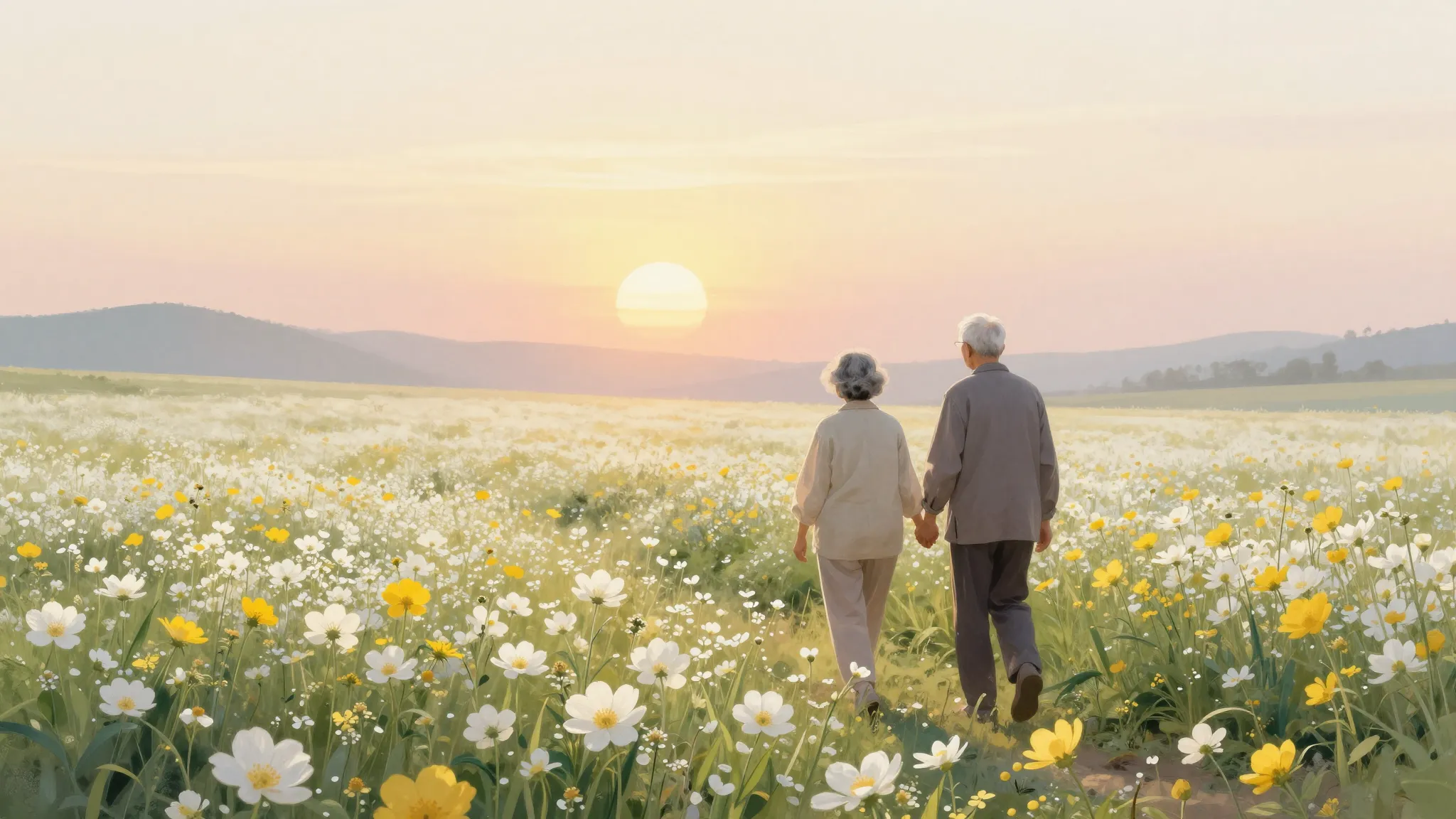 A beautiful digital painting of two elderly figures walking ...