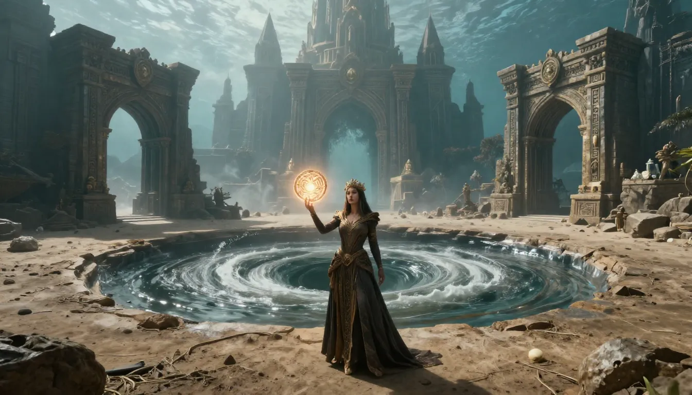 A powerful sorceress standing on the dry seabed of a massive...