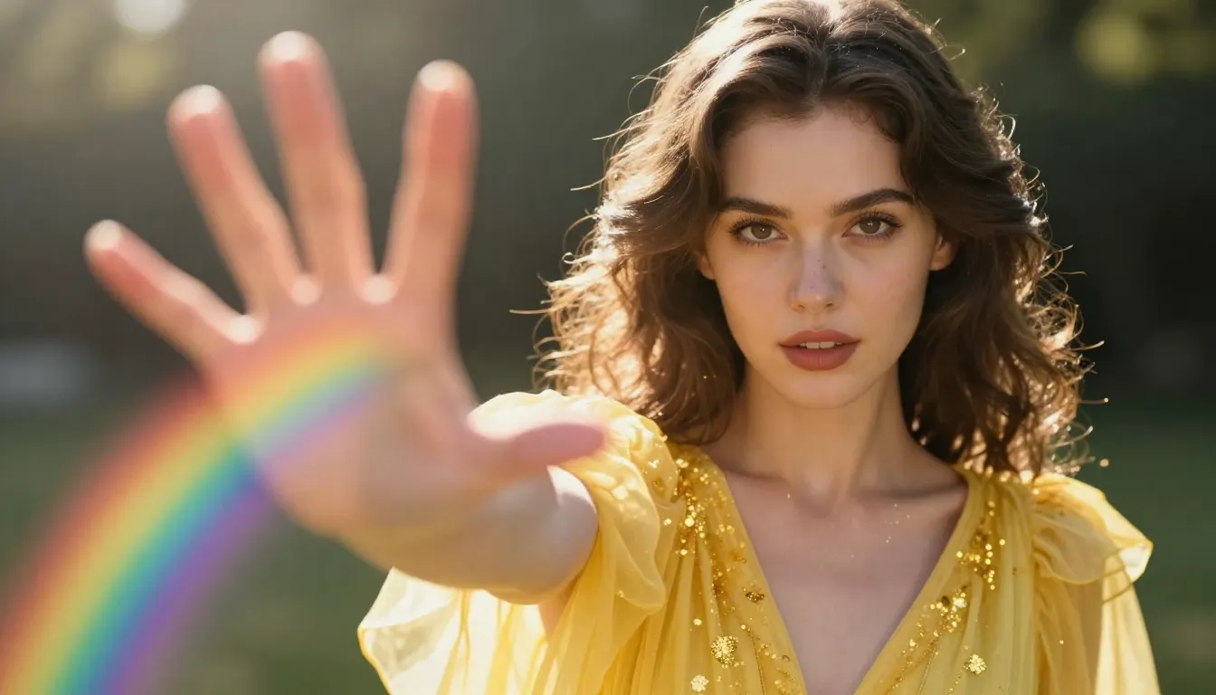 Cinematic shot of a beautiful woman in a yellow dress with g...