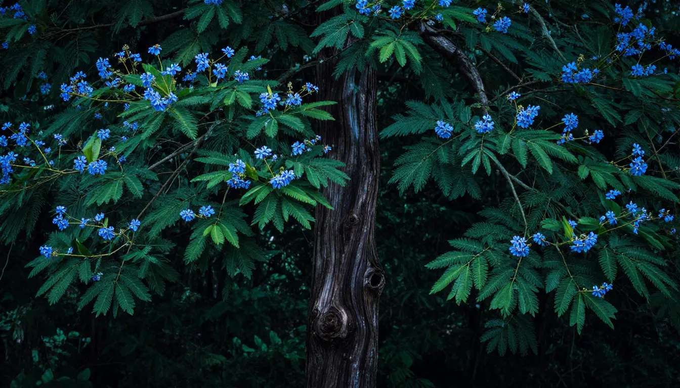 Guaiacum officinale tree with small blue flowers, dense gree...