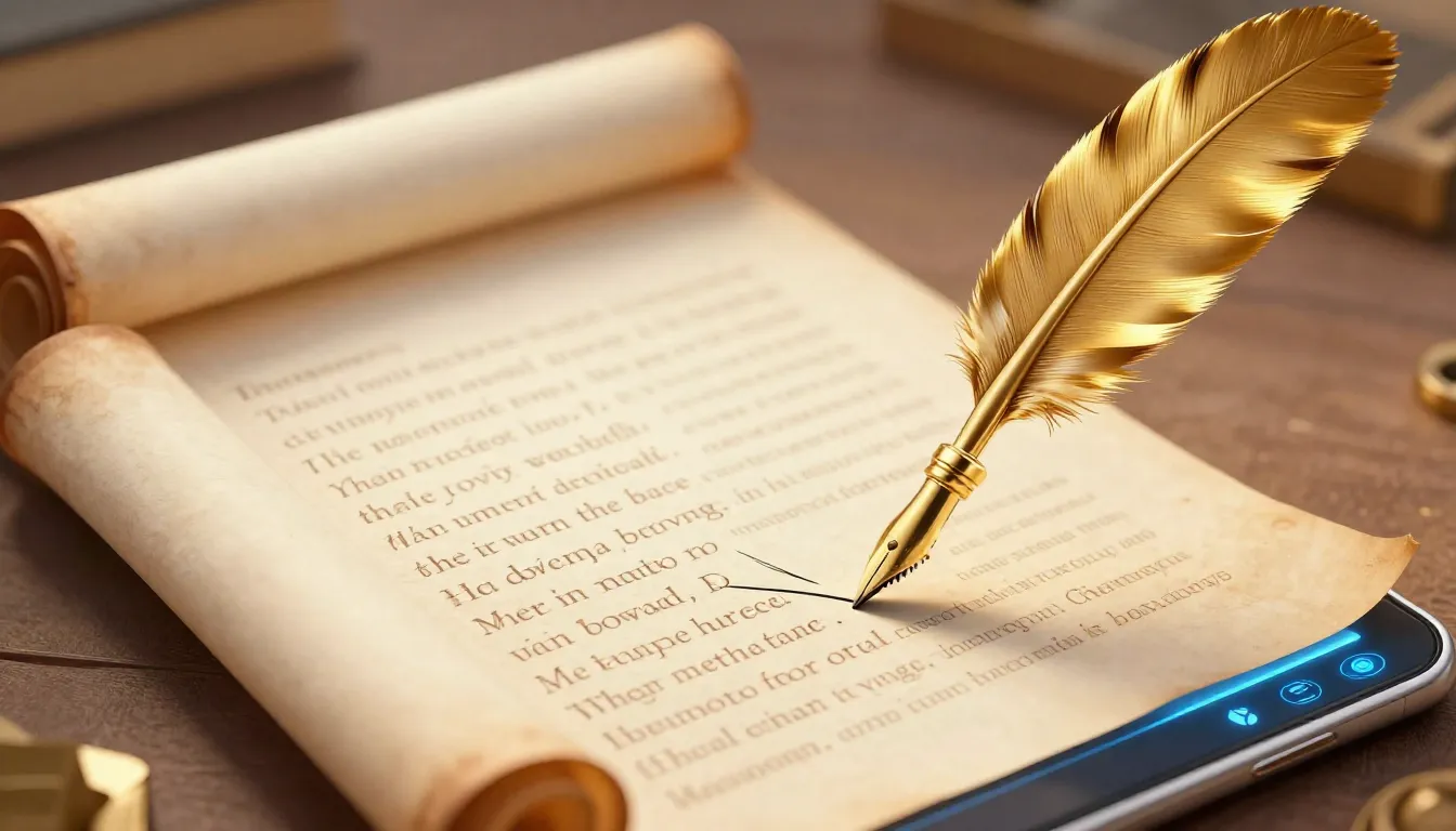 A symbolic illustration of a golden quill pen writing a stor...