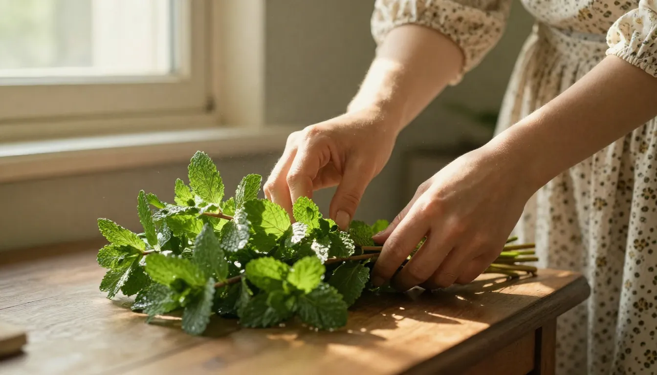 A nostalgic close-up of a mother's hands in a vintage dress ...
