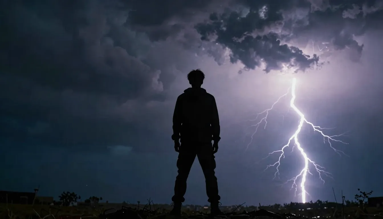 A silhouette of a person standing against a stormy sky, ligh...