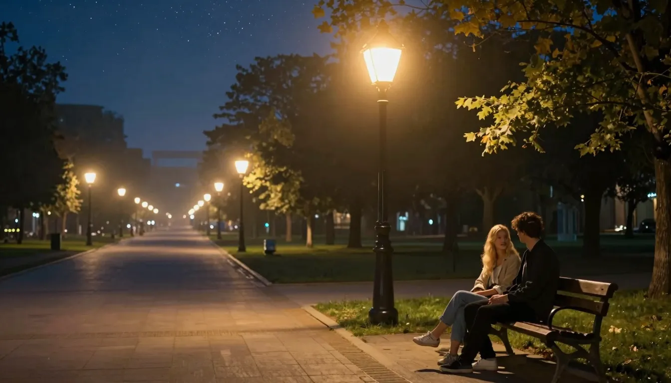 A romantic night scene in a quiet square. A long straight pa...