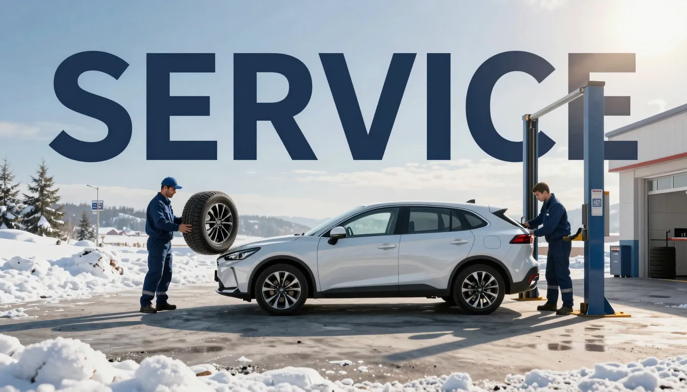 A professional advertising banner for a tire service. A mode...