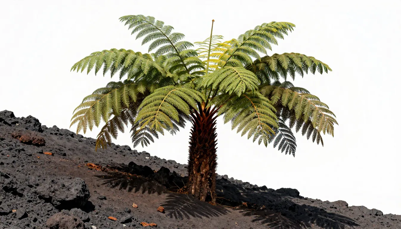 Botanical illustration of a giant prehistoric tree fern with...
