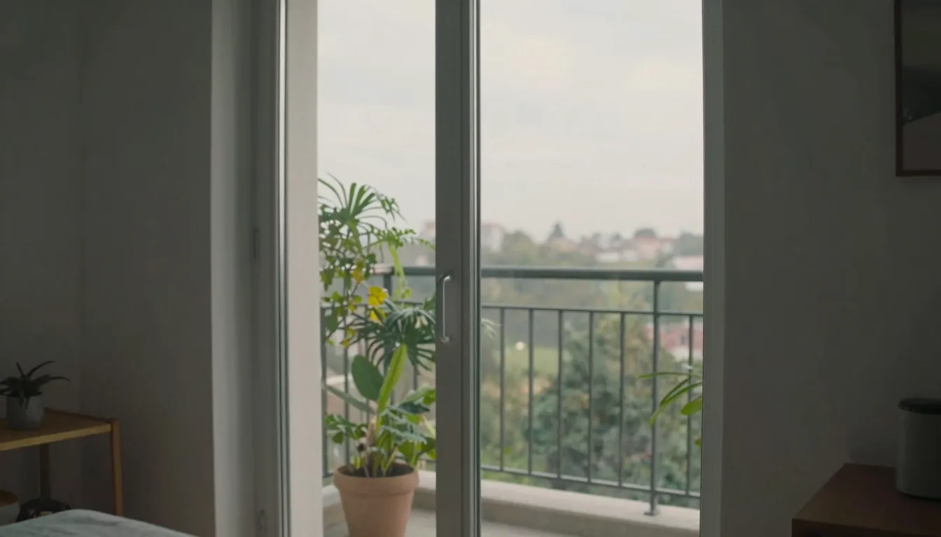 Interior view of a cozy balcony with sliding plastic doors, ...