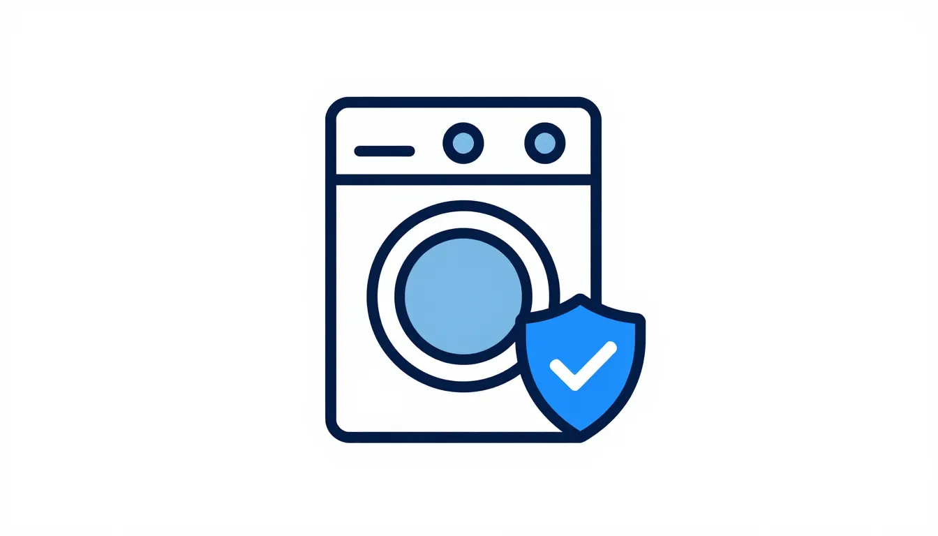 Minimalist icon of a washing machine with a blue shield and ...