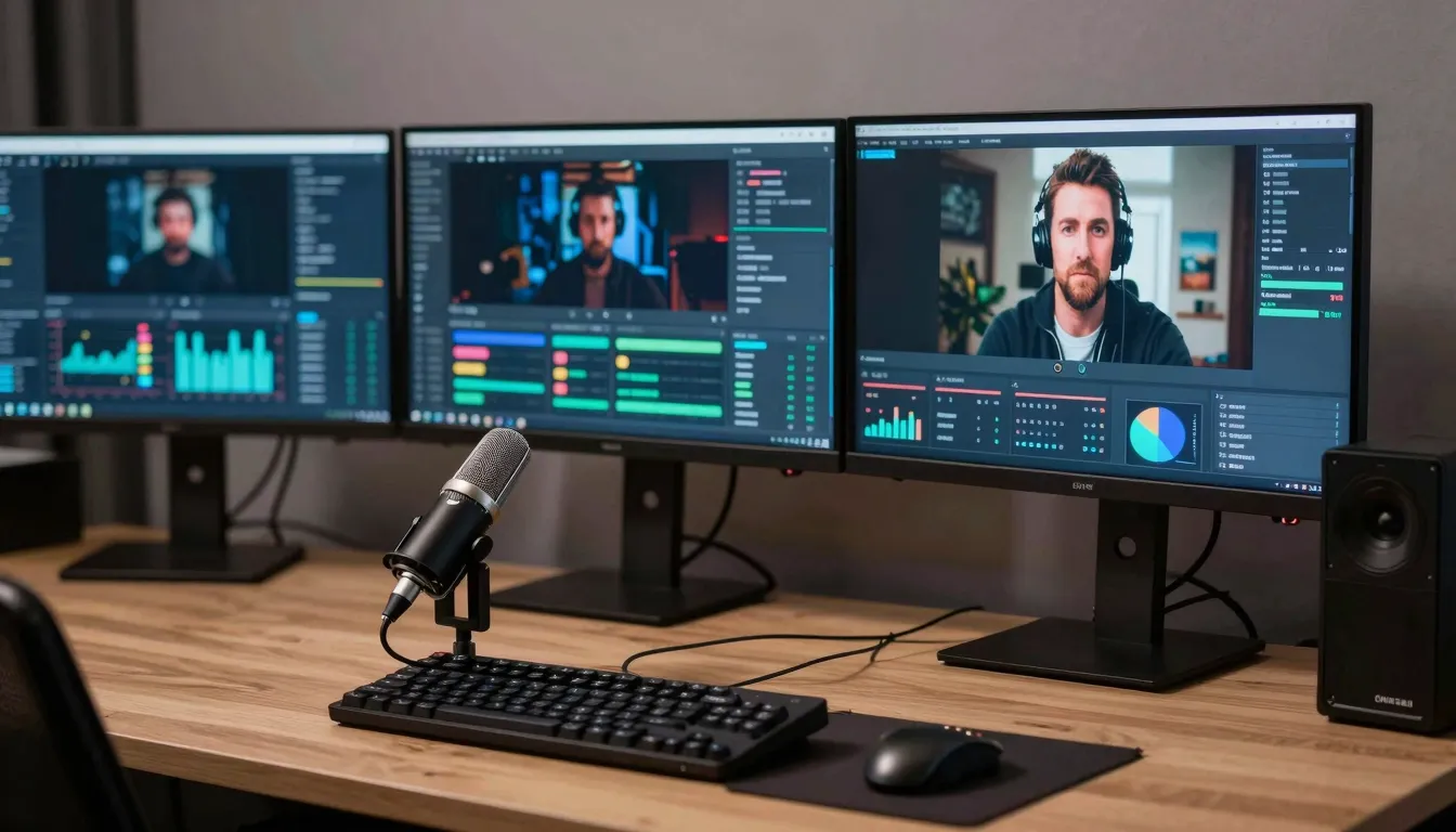 A professional streaming setup with a microphone, camera, an...