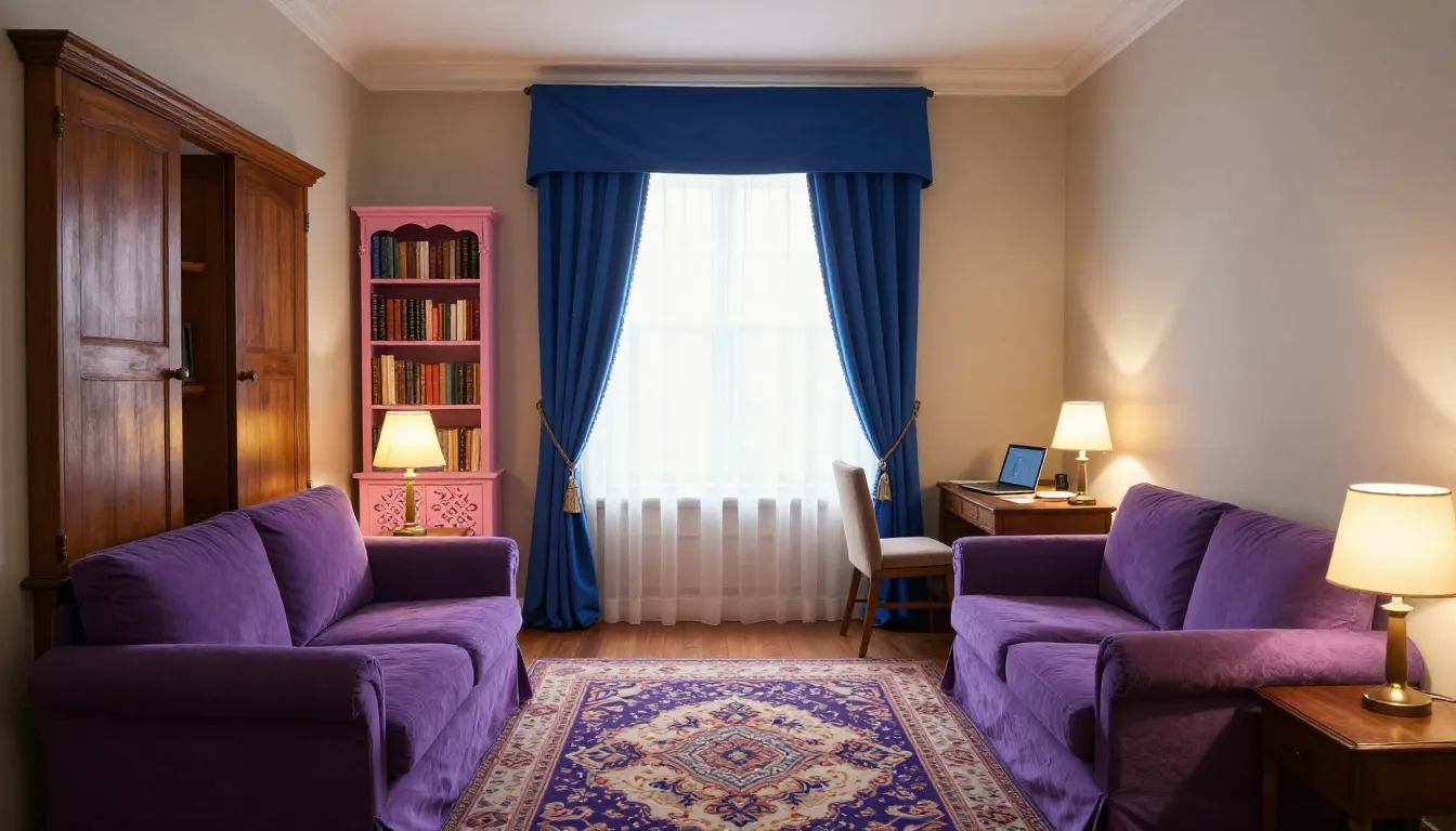 A highly detailed interior of a cozy room. Two single sofas ...