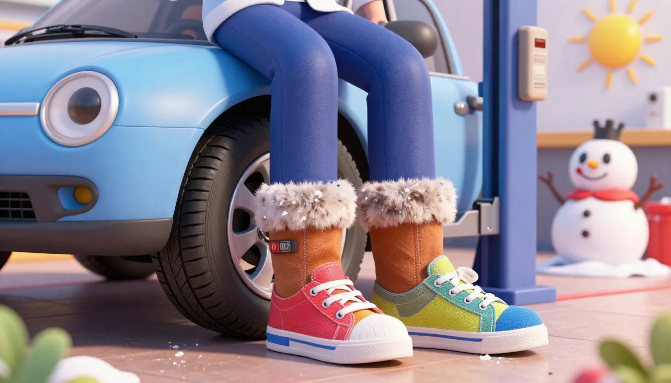 A humorous cartoon scene at a tire shop. A cute car with exp...