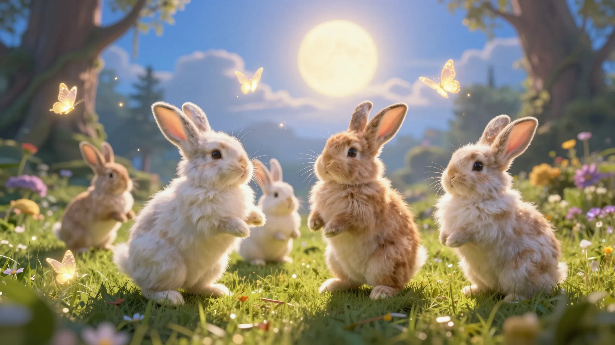 Hyper-realistic fluffy bunnies dancing on a vibrant fantasy ...