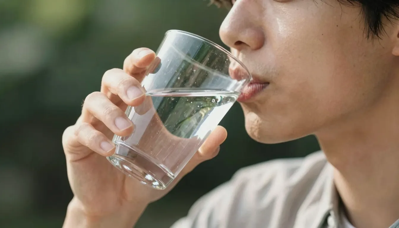 A close-up of a healthy person drinking a glass of pure wate...
