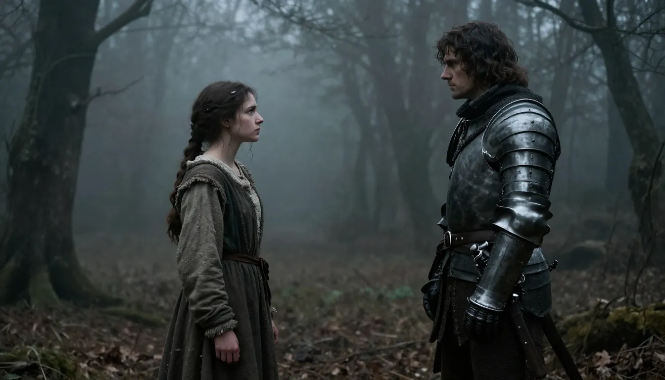 A dark, atmospheric 16th-century forest filled with thick gr...