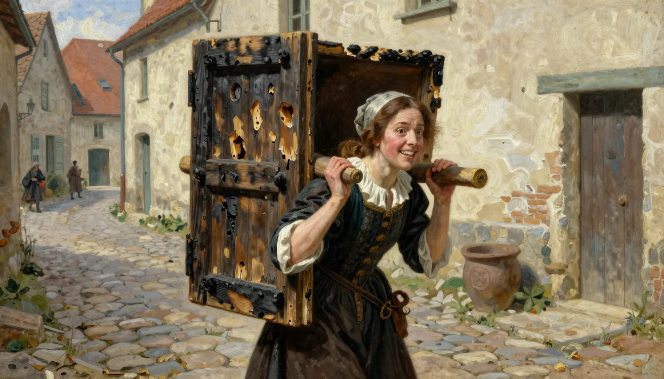 A 17th-century French village woman carrying a large, partia...