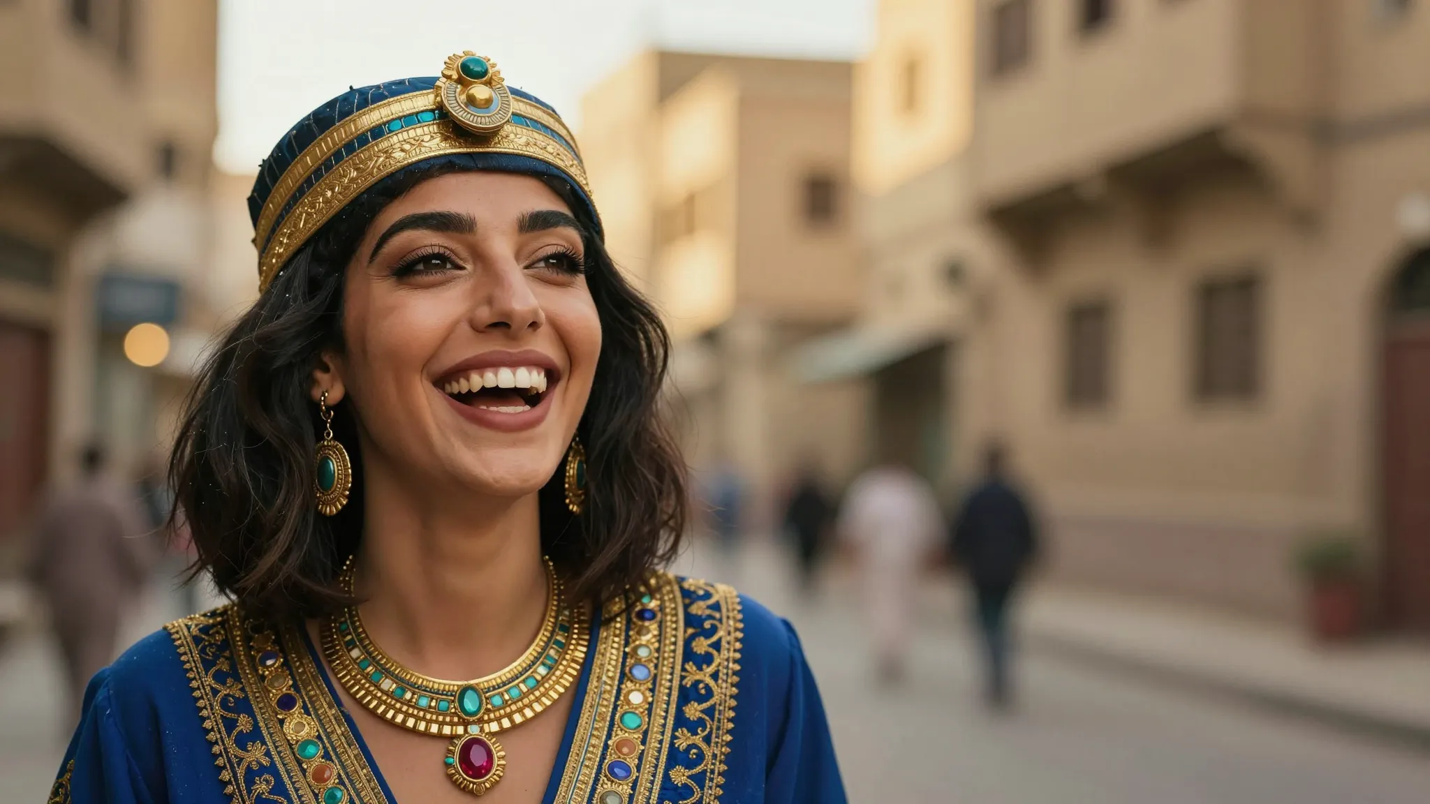 A beautiful Egyptian woman with radiant eyes laughing in a t...