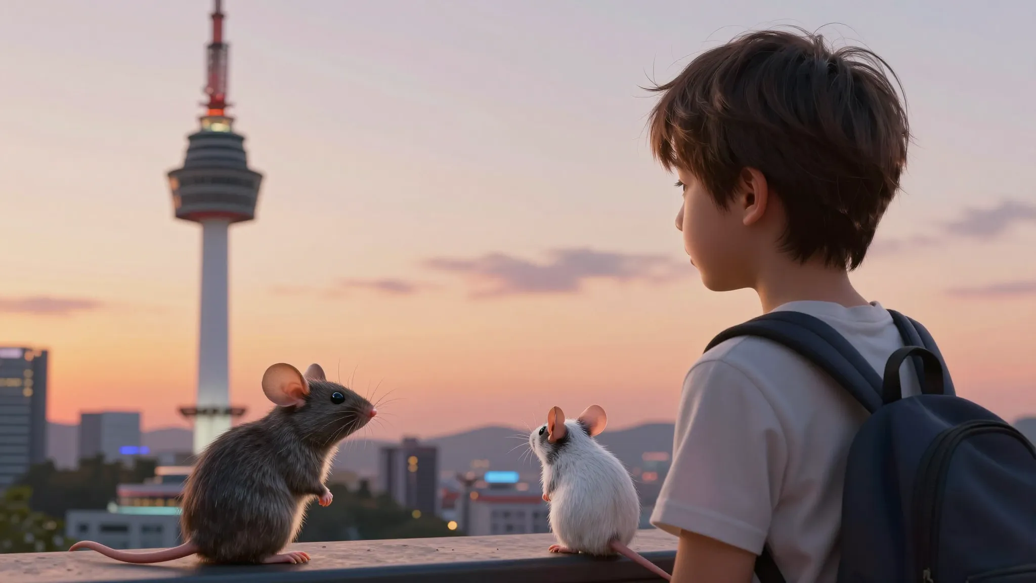 A cinematic shot of a modern Russian boy and a smart mouse l...