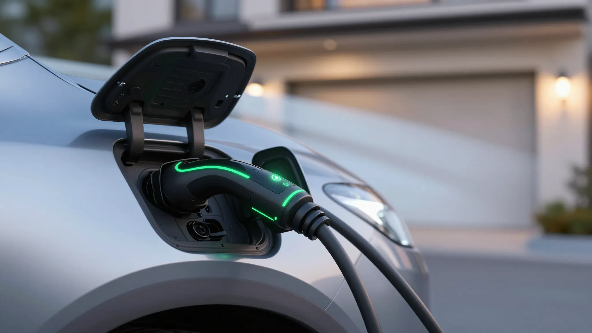 Close up of a modern electric car charging port with a glowi...