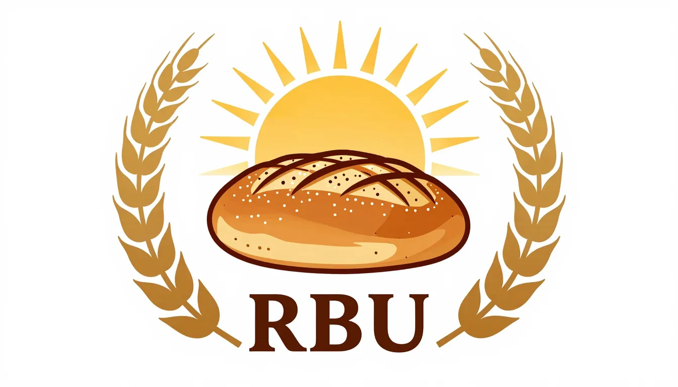 Circular emblem for 'RBU', featuring symmetrical golden whea...