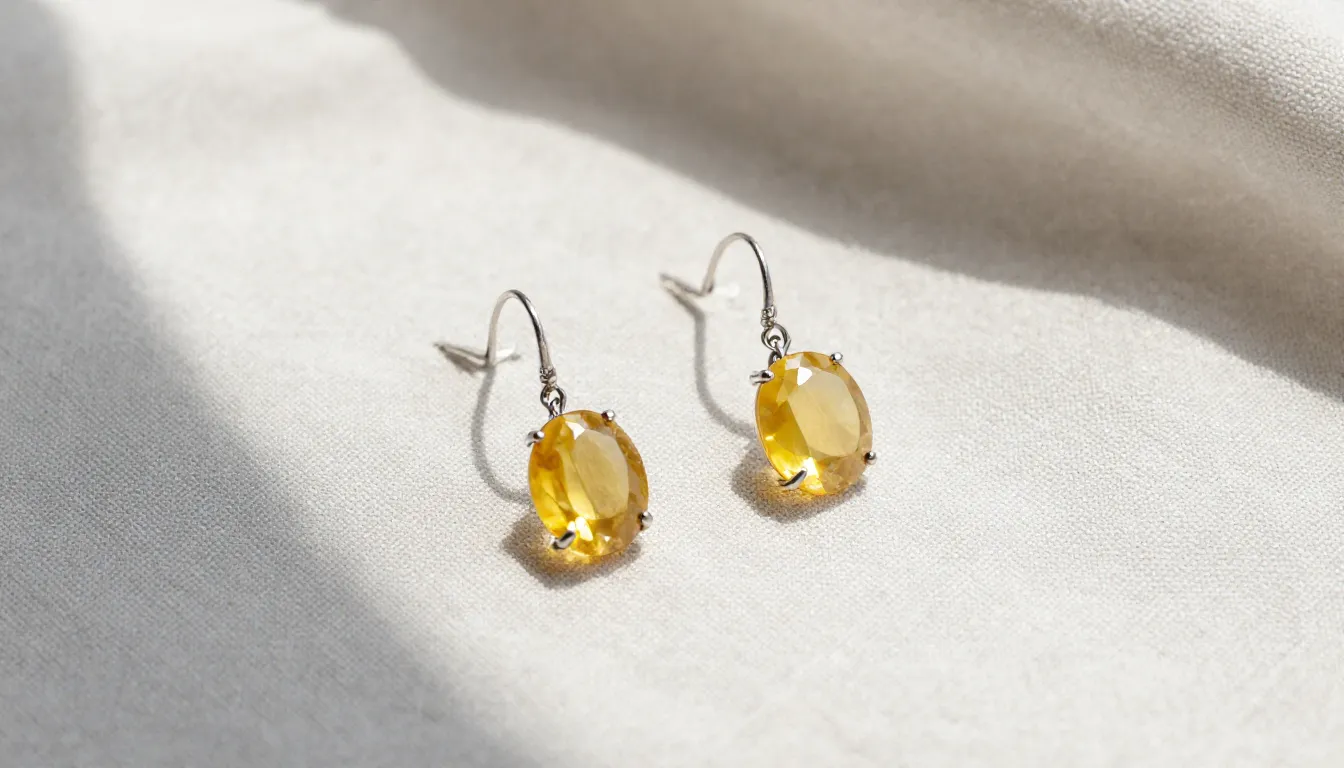 Minimalist aesthetic photo of yellow gemstone earrings on a ...