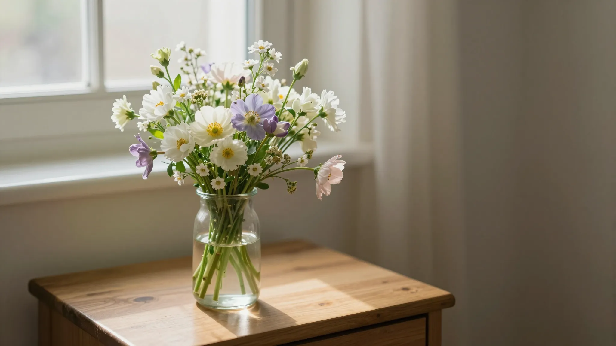 A delicate bouquet of spring flowers on a wooden bedside tab...