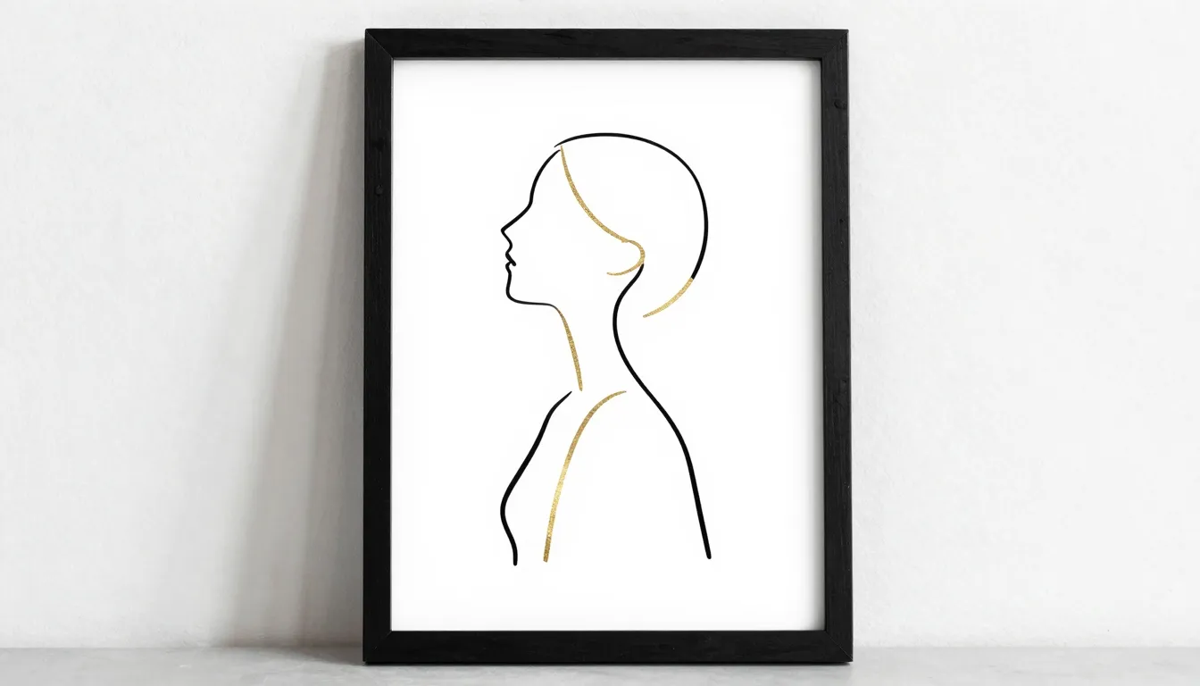 Minimalist line art painting of a female silhouette, gold le...