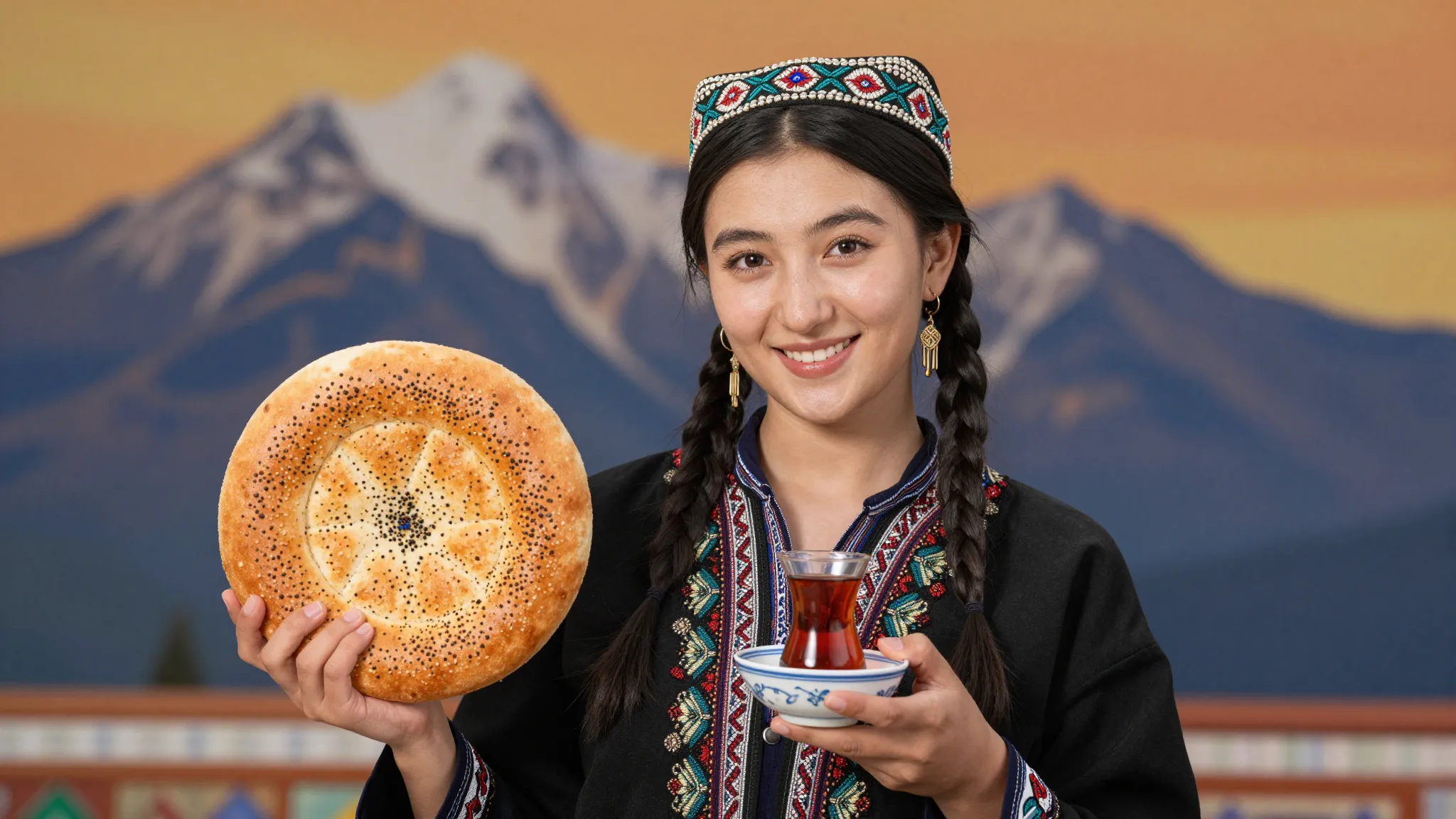 A cheerful Kyrgyz girl from Osh holding a traditional round ...