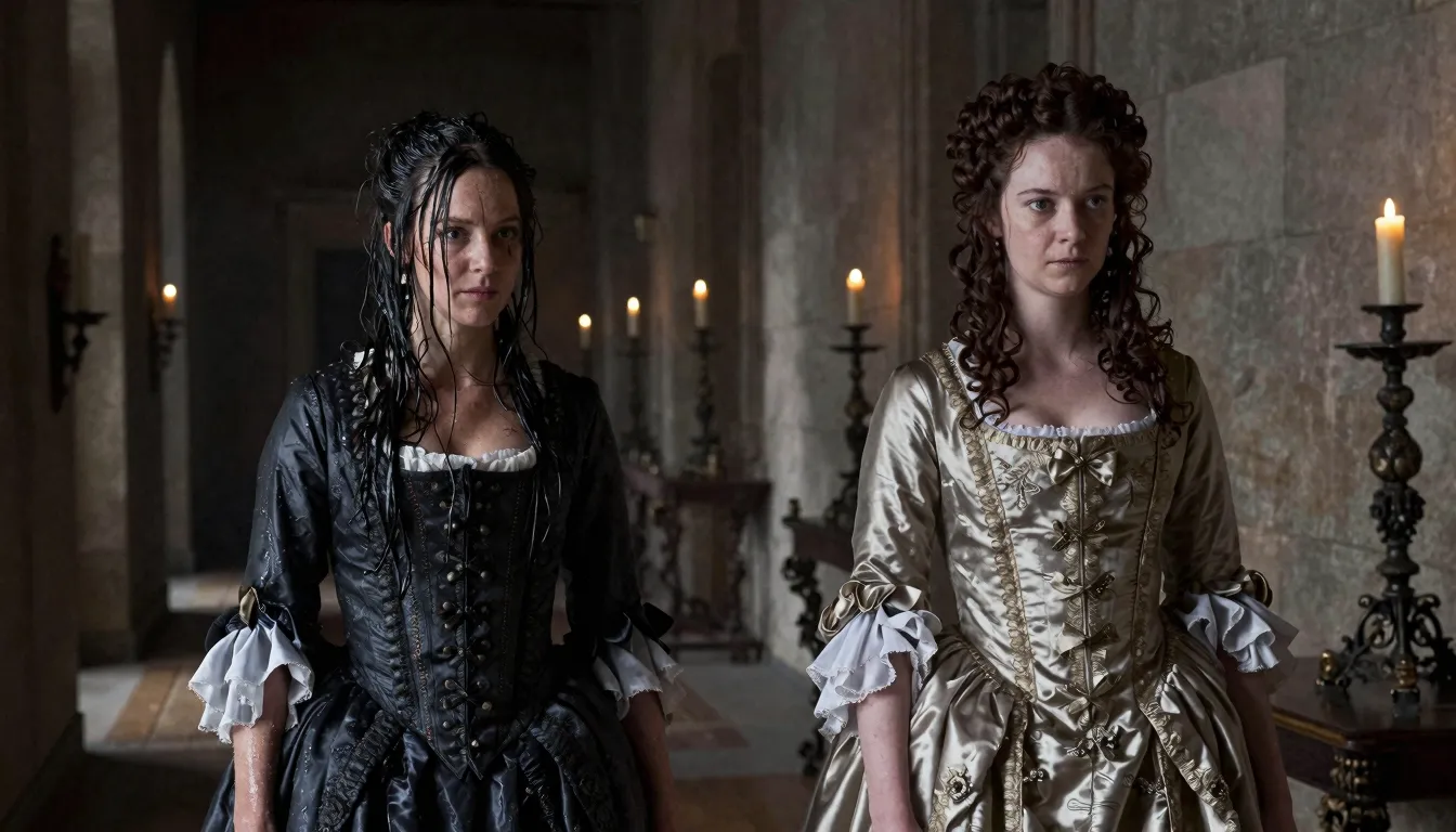 Two 17th-century French noblewomen in a dark, candlelit ston...