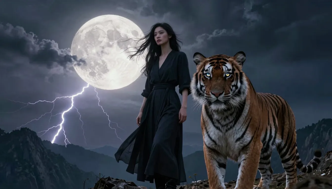 A powerful cinematic shot of a calm, fearless woman standing...